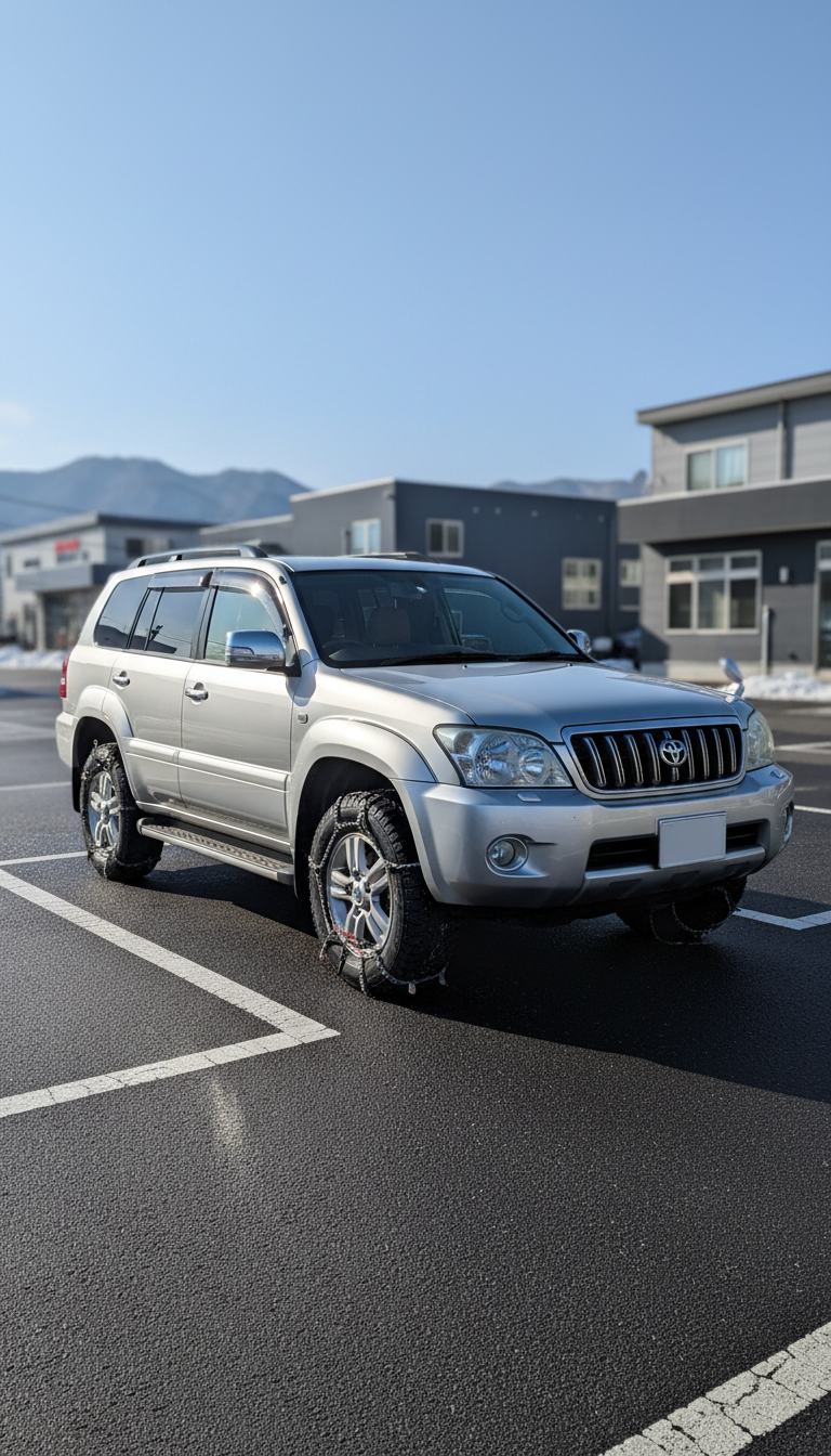 A meticulously detailed silver SUV with subtle chrome accents and rugged winter tires, reflecting pristine snow on the wheel arches, is parked on a clean paved lot. The car is positioned in the foreground, with a backdrop of understated gray commercial buildings typical of Toyama, dusted lightly with snow. Crisp midday winter sunlight illuminates the vehicle, casting soft, natural highlights along its metallic surfaces and structured body lines. The composition uses a centered, eye-level angle for clarity, with a shallow depth of field making the vehicle the clear focus, while the background gently fades. The mood is reliable, professional, and trustworthy, reflecting the business's focus. The overall style is photographic realism with a clean, corporate aesthetic, aligning perfectly with a car sales website aimed at new residents in Toyama.