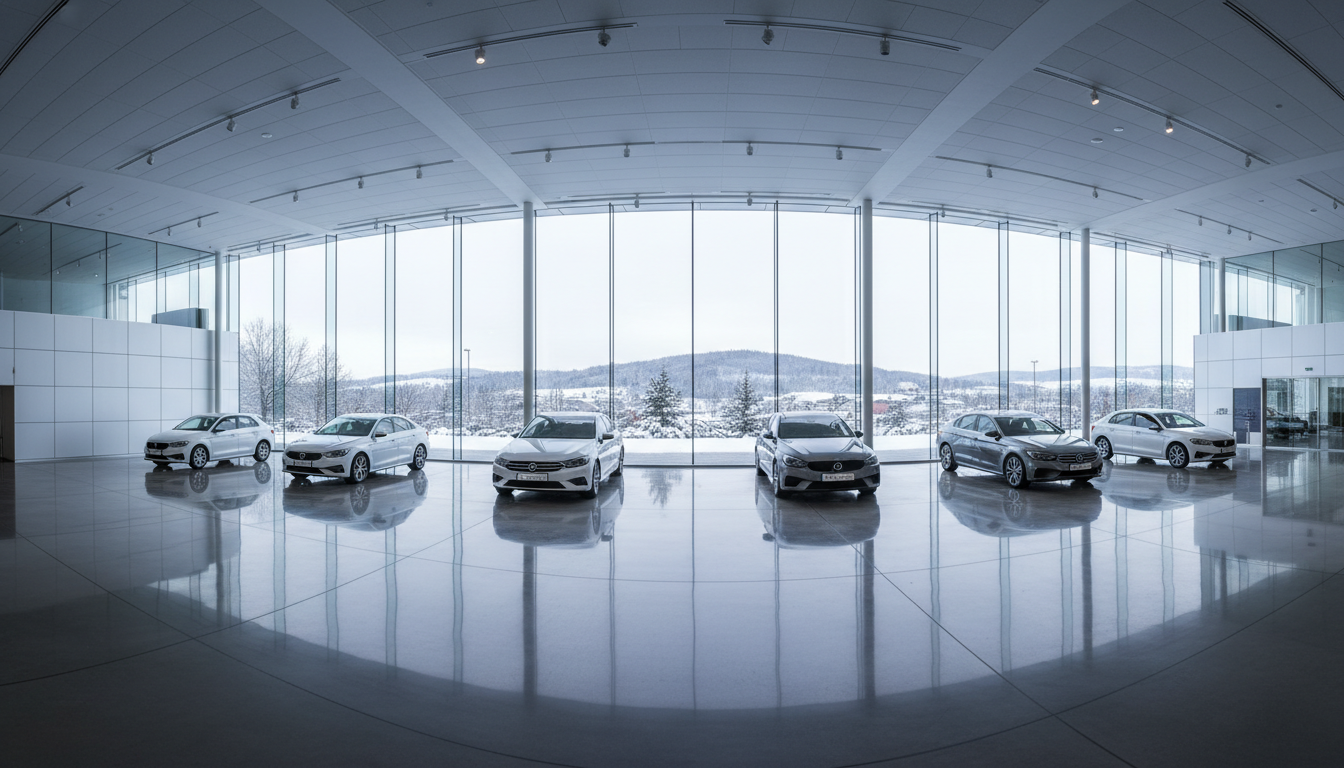 A panoramic view of a polished showroom interior featuring several modern sedans and compact cars in neutral colors such as white, silver, and gunmetal gray, all meticulously aligned in a spacious, uncluttered setting. Large floor-to-ceiling windows frame a muted winter landscape outside, with gentle daylight softly illuminating the cars’ sleek contours and creating subtle reflections on the glossy tiled floor. The mood is sophisticated, orderly, and welcoming, suitable for a business-focused platform. Captured from a wide, eye-level perspective with sharp focus throughout, the composition uses structured layout and negative space to emphasize clarity and professionalism, meeting the requirements of a corporate aesthetic.