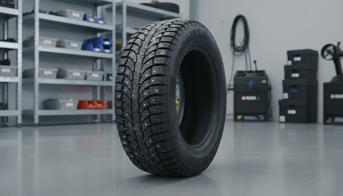 A close-up, sharply focused shot of a studded winter tire with intricate tread patterns, partially dusted with fine snow, resting on smooth neutral concrete. Behind the tire, faintly out of focus, are neatly stacked automotive equipment and silver shelves referencing a dealership's preparation area. Diffused overhead lighting creates even illumination, ensuring all details of the rubber texture and embedded studs are visible, while soft shadows add depth. The camera angle is slightly off-center, providing visual interest while keeping the tire dominant in the frame. The atmosphere is calm, technical, and authoritative—underscoring expertise in winter vehicle selection. The image style is minimalist, with balanced composition and clean lines, projecting a professional, trustworthy feel for the website.